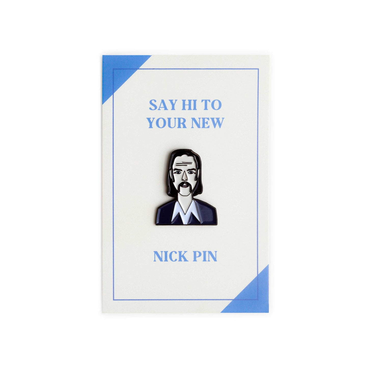 Nick Cave Enamel Pin by Judy Kaufmann with packaging