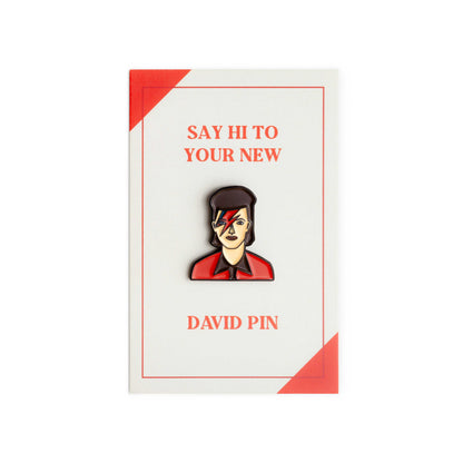 David Bowie Enamel Pin by Judy Kaufmann with packaging