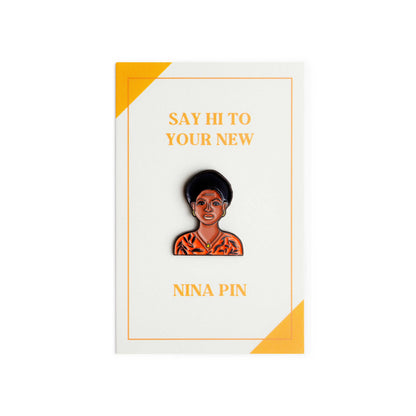 Nina Simone Enamel Pin by Judykaufmann with packaging